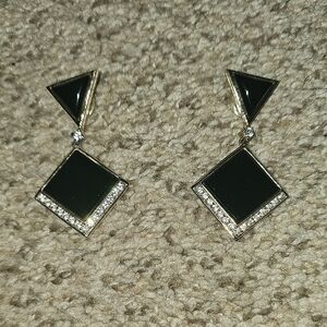 Vintage Panetta Signed Faux Black Onyx Rhinestone Gold Earrings Elegant